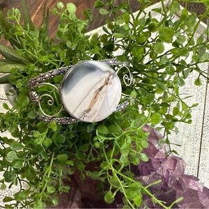 Agate Silver and Cream Stone Cuff Bracelet Sterling Silver Plated